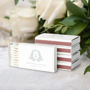 Sage Green Elegant Monogram Crest Floral Wedding Matchboxes