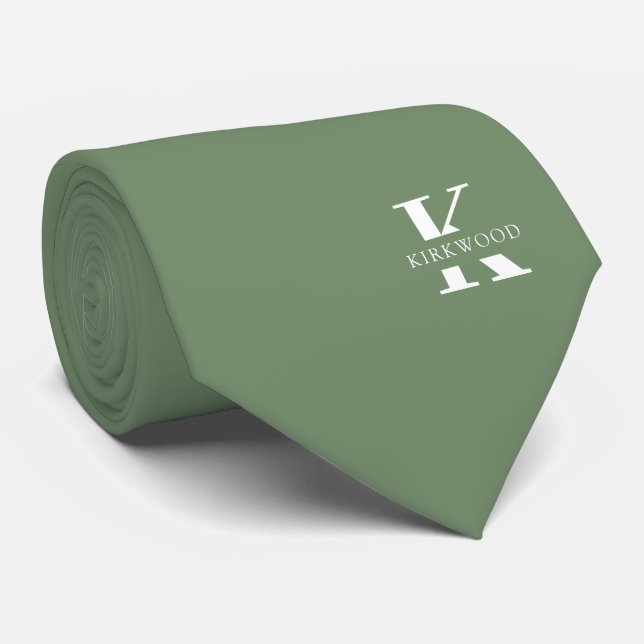 Sage Green Elegant Monogram + Name One-Sided Neck Tie (Rolled)