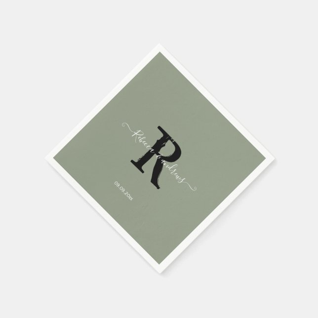 Sage Green Elegant Monogram Script Initial Wedding Napkins (Corner)