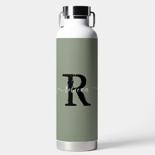 Sage Green Elegant Monogram Script Name Initial Water Bottle