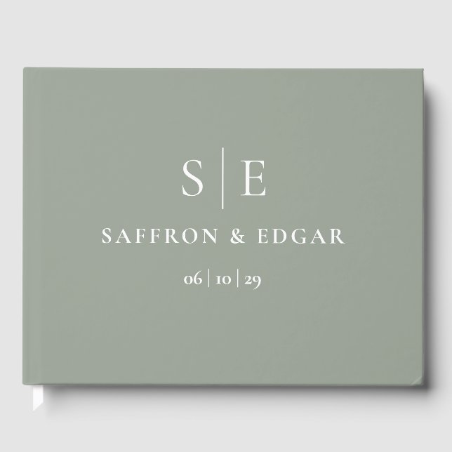 Sage Green Elegant Monogram Wedding Guest Book (Front)