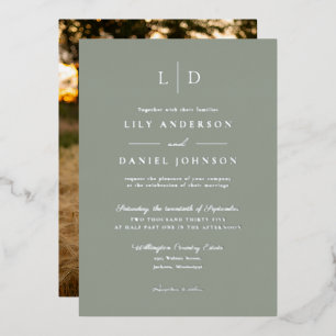 Sage Green Elegant Monogram Wedding Photo Foil Invitation
