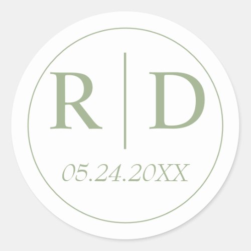 Sage green elegant monogram white wedding classic round sticker