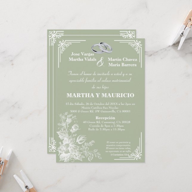 Sage Green Elegant Nuestra Boda  Invitation (Front/Back In Situ)