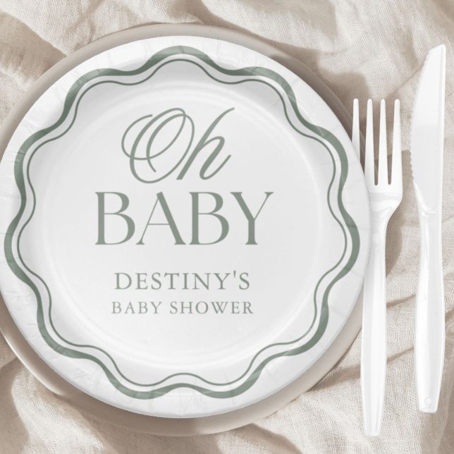 Sage Green Elegant Oh Baby Gender Neutral Shower Paper Plates (Creator Uploaded)