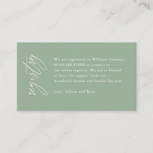 Sage Green Elegant QR Code Wedding Registry Gift Enclosure Card