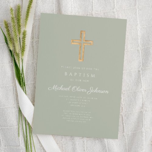 Sage Green Elegant Religious Cross Baptism Invitation