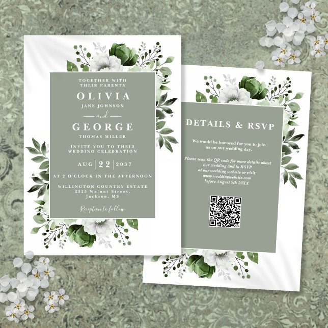 Sage Green Elegant Rustic Floral QR Code Wedding Invitation (Sage Green Elegant Rustic Floral QR Code Wedding Invitation)