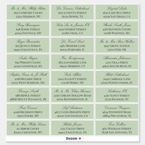 Sage Green Elegant Script 24 Wedding Guest Address Sticker