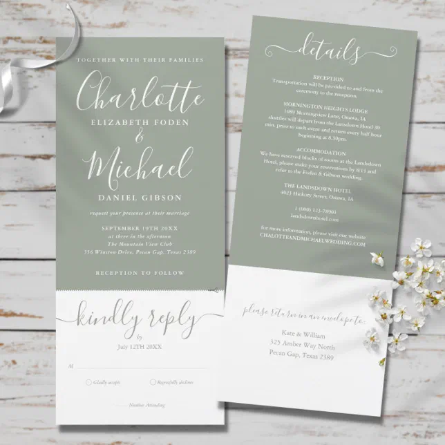 Sage Green Elegant Script All In One Wedding Invitation 