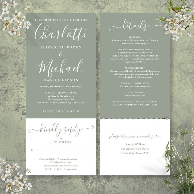 Sage Green Elegant Script All In One Wedding Invitation (Sage Green Elegant Script All In One Wedding Invitation)