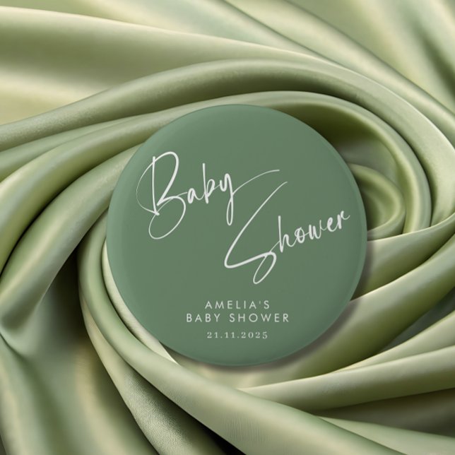 Sage Green Elegant Script Baby Shower Modern Button (Creator Uploaded)