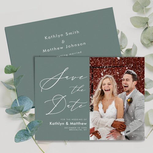 Sage Green Elegant Script Modern Photo Wedding Save The Date