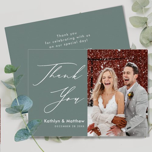 Sage Green Elegant Script Modern Photo Wedding Thank You Card