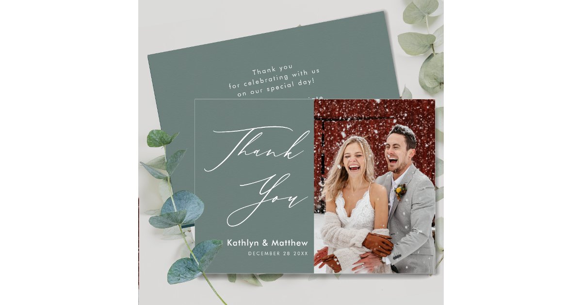 Sage Green Elegant Script Modern Photo Wedding Thank You Card | Zazzle