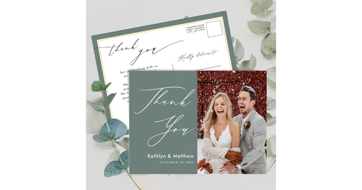 Sage Green Elegant Script Modern Wedding Thank You Postcard | Zazzle