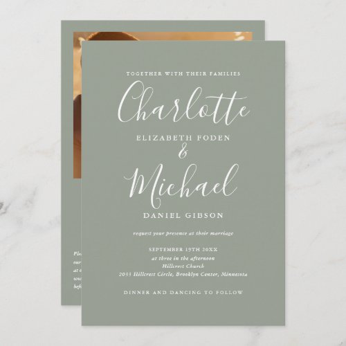 Sage Green Elegant Script QR Code Photo Wedding Invitation