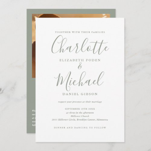 Sage Green Elegant Script QR Code Photo Wedding Invitation