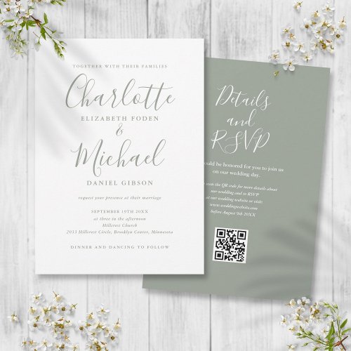Sage Green Elegant Script QR Code Wedding Invitation