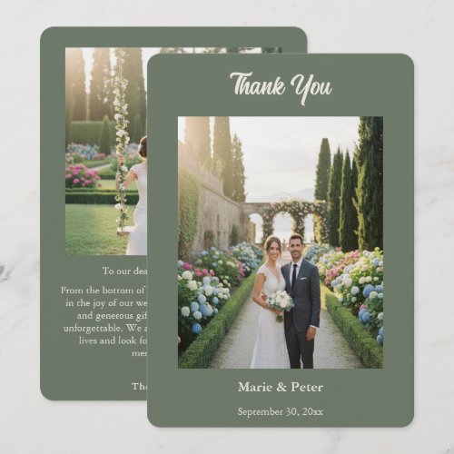 Sage Green Elegant Script Wedding Photo Thank You Card