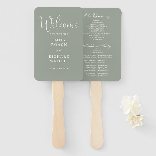 Sage Green Elegant Script Wedding Program Hand Fan (Front and Back)