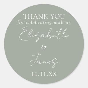 Sage Green Elegant Script Wedding Thank You Classic Round Sticker