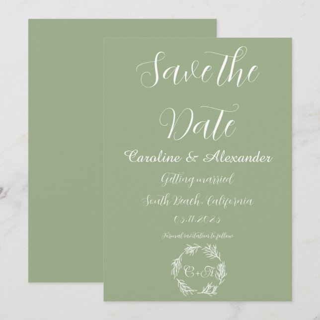 Sage Green Elegant Simple Floral Formal Wedding Save The Date (Front/Back)
