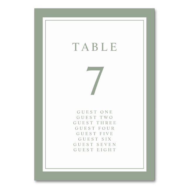 Sage Green Elegant Simple Minimal Border Wedding Table Number (Front)
