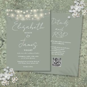 Sage Green Elegant String Lights QR Code Wedding Invitation