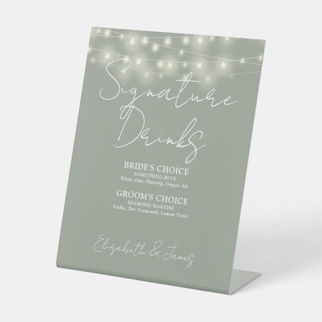 Sage Green Elegant String Lights Signature Drinks Pedestal Sign (Front)