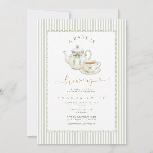 Sage Green Elegant Striped Tea Party Baby Shower Invitation
