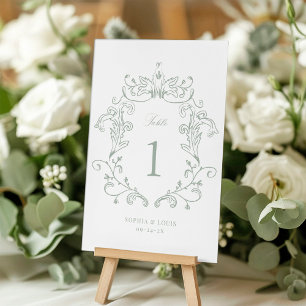 Sage Green Elegant Vintage Baroque Crest Wedding Table Number