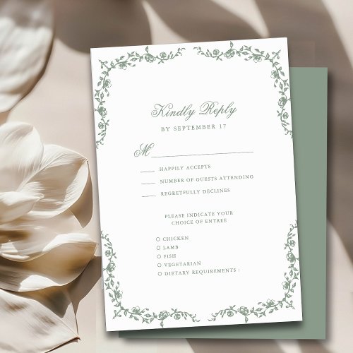 Sage Green Elegant Vintage Floral Wedding RSVP Card