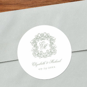 Sage Green Elegant Vintage Monogram Crest Wedding Classic Round Sticker