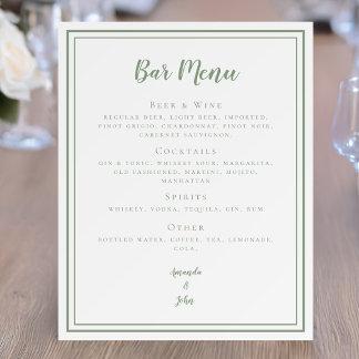 Sage Green Elegant Wedding Bar Menu Sign