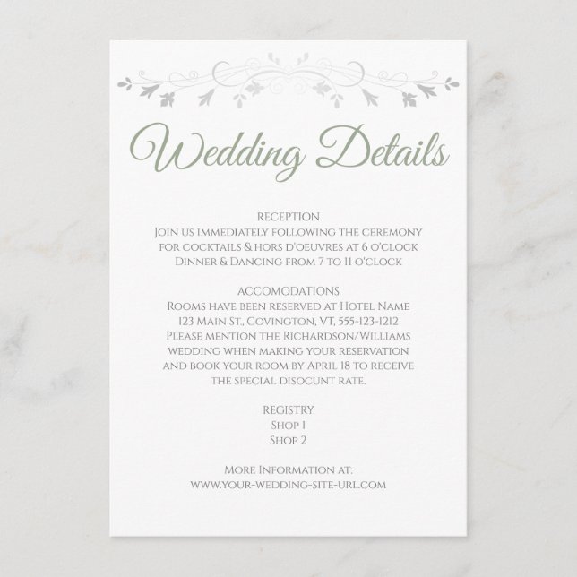 Sage Green Elegant Wedding Details Enclosure Card (Front)
