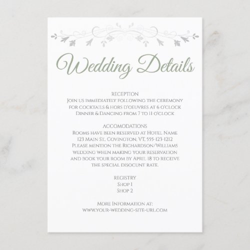 Sage Green Elegant Wedding Details Enclosure Card