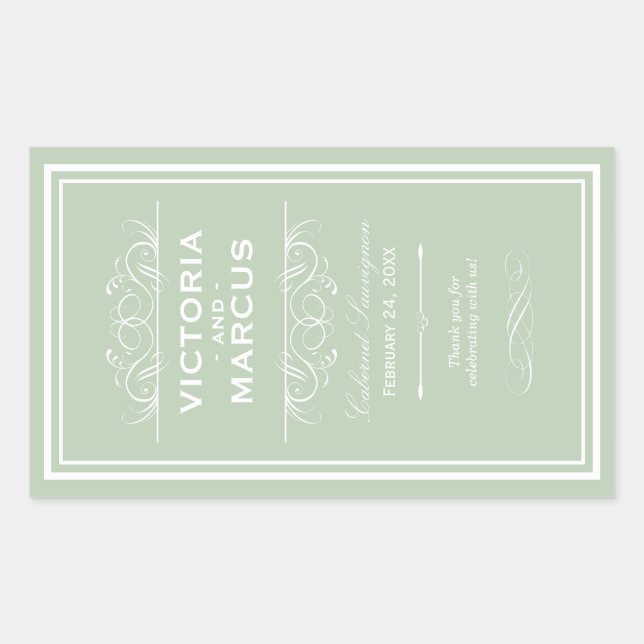 Sage Green Elegant Wedding Monogram Wine Bottle Rectangular Sticker (Front)