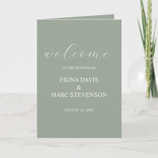 Sage green elegant wedding programme  letterpress thank you card (Front)
