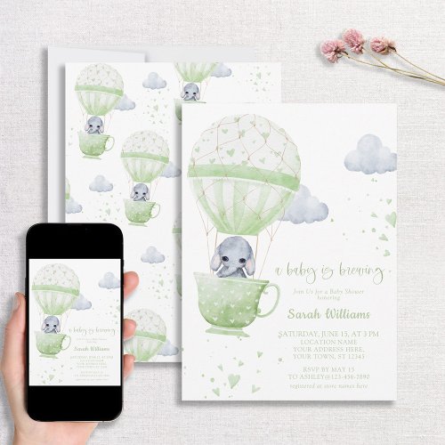 Sage Green Elephant Baby is Brewing Baby Shower Invitation