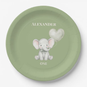 Sage Green Elephant First Birthday Name and Age Paper Plates