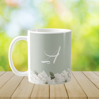 Sage Green Embossed  Floral Elegant Monogram Coffee Mug