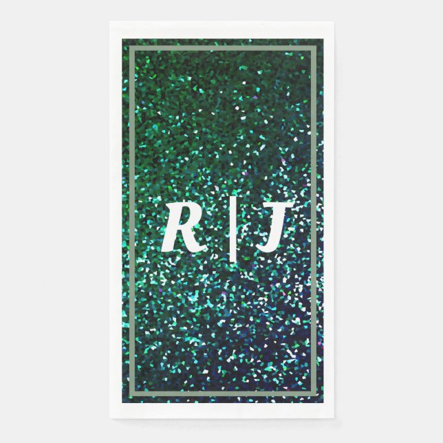 Sage Green Emerald Glitter Monogram Name Wedding Paper Guest Towels (Front)