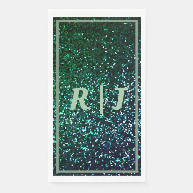 Sage Green Emerald Glitter Monogrammed Wedding Paper Guest Towels (Front)