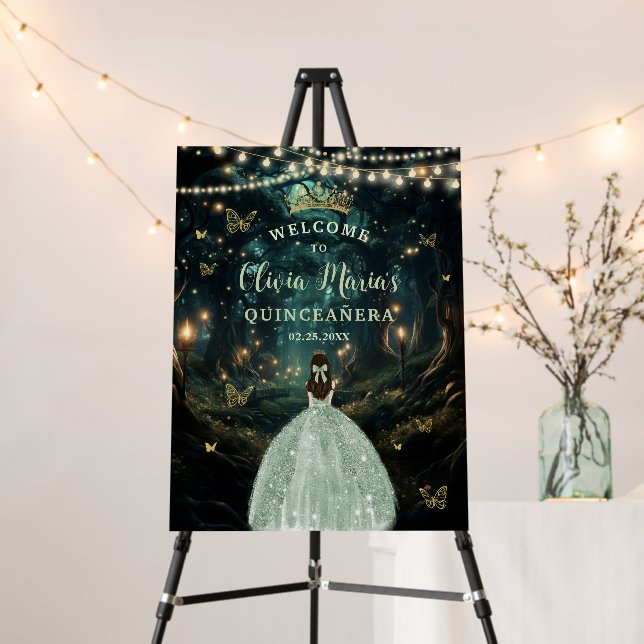 Sage Green Enchanted Forest Quinceañera Welcome Foam Board (In Situ (Stand))