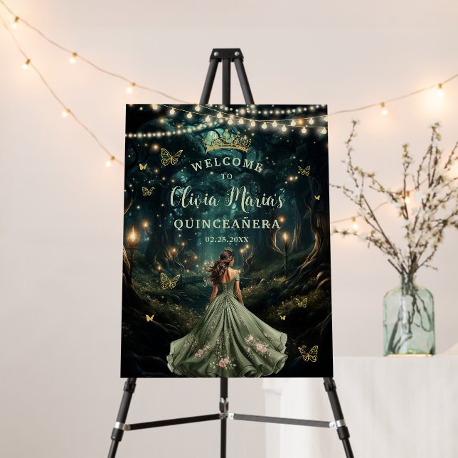 Sage Green Enchanted Forest Quinceañera Welcome Foam Board (In Situ (Stand))