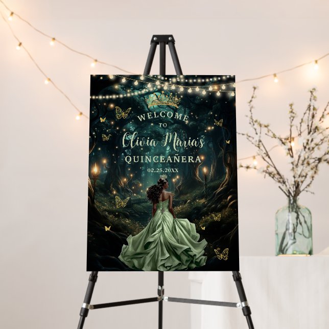 Sage Green Enchanted Forest Quinceañera Welcome Foam Board (In Situ (Stand))