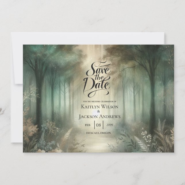 Sage Green Enchanted Forest Radiance Wedding Save The Date (Front)