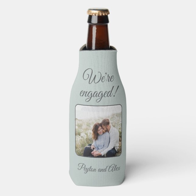 Sage Green Engagement Party We're Engaged Bottle Cooler (Bottle Front)