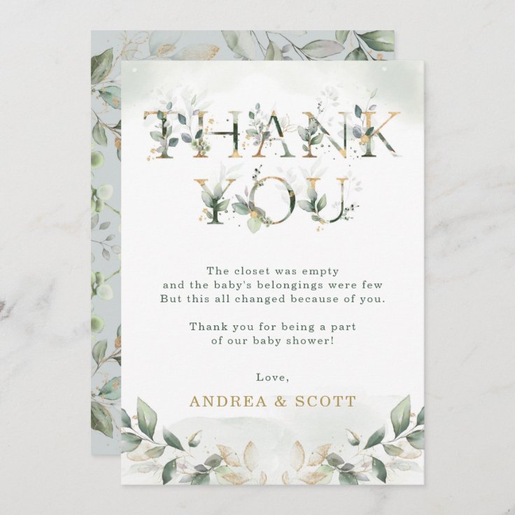 Sage Green Eucalyptus Baby Shower Thank You Card | Zazzle